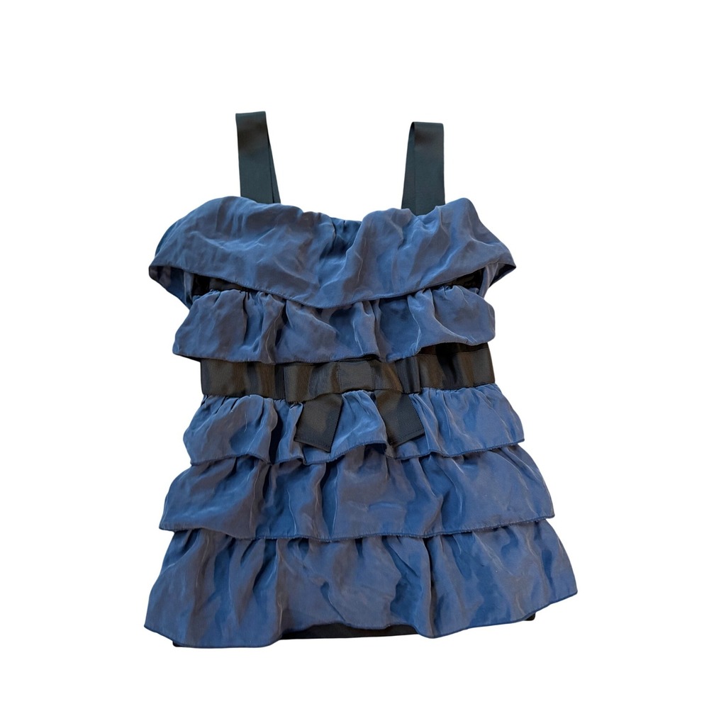 Y2K Bordeaux Blue Ruffle Sleeveless Top with Grosgrain Bow and Straps Small